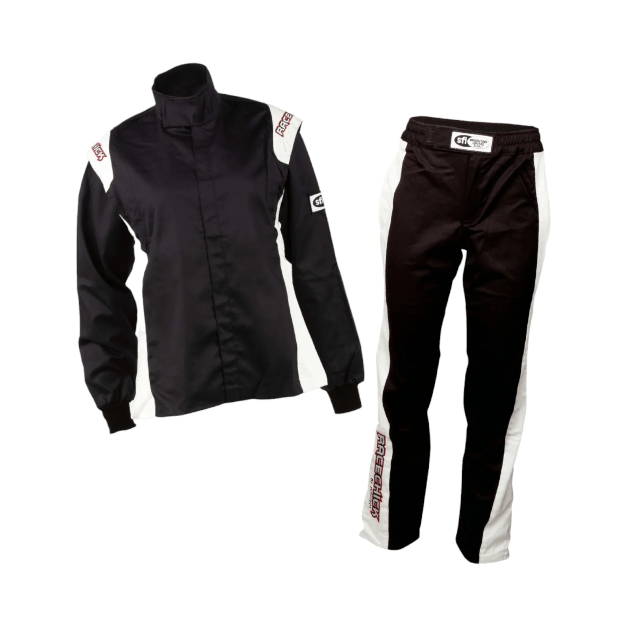 RACECHICK FIERCE TWO-PIECE WOMEN'S AUTO RACING SUIT SFI 3.2A/5 (BLACK/WHITE)