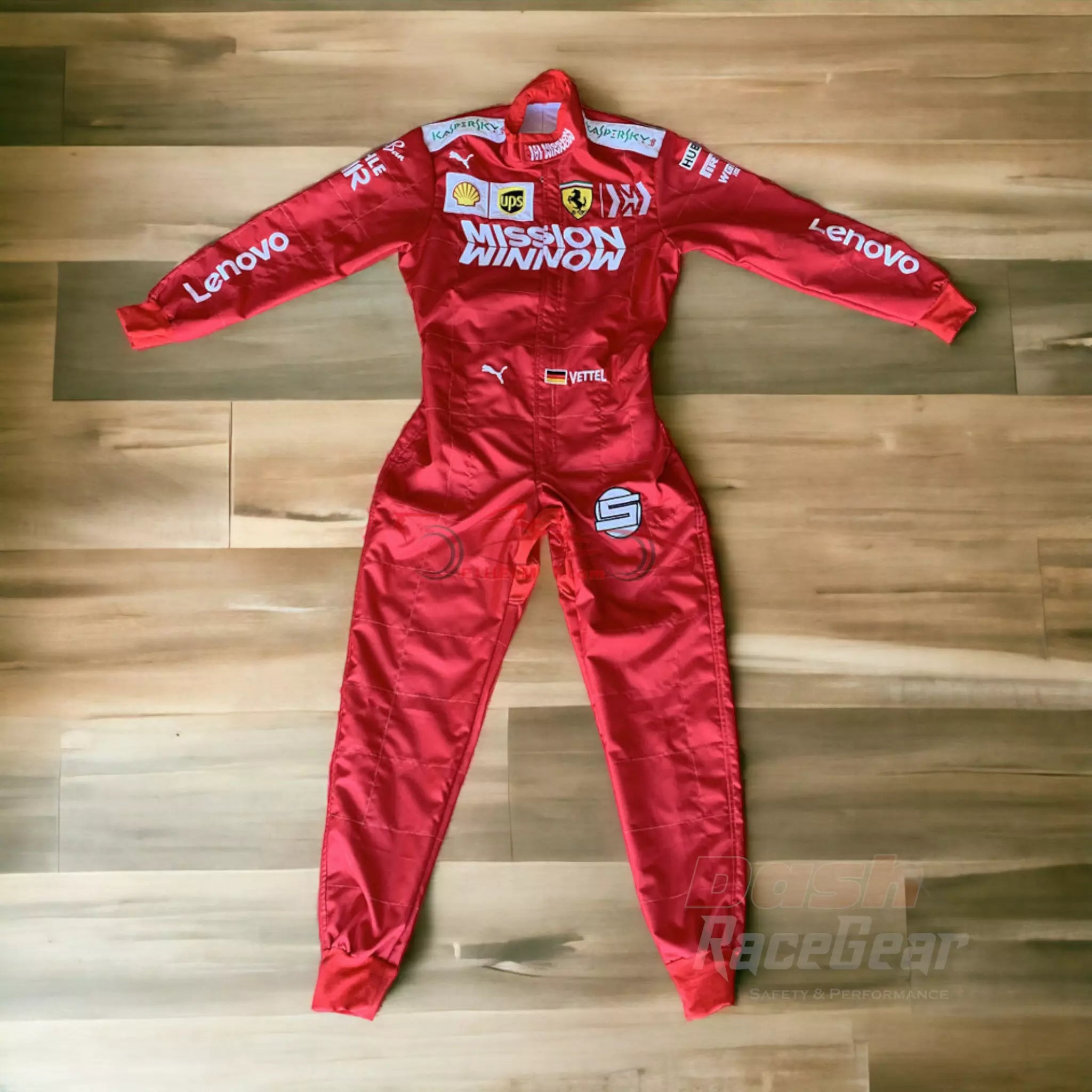 Traje de carreras bordado de Sebastian Vettel Ferrari Mission Winnow F1